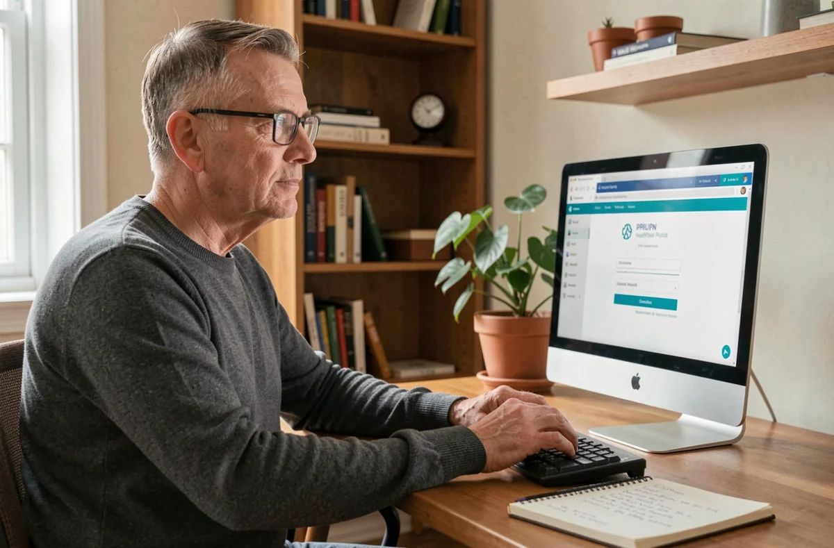 Professionnel de santé accédant à distance au portail NETSoins DomusVi depuis son bureau à domicile