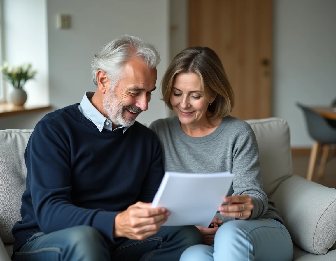 Un couple d'âge mûr consulte ensemble une brochure sur la planification des obsèques, assis dans un salon moderne et apaisé.