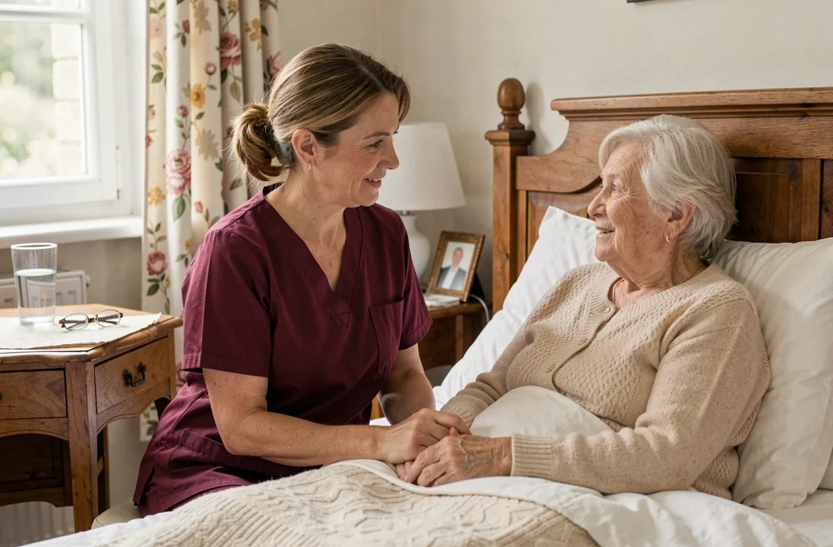 Une accompagnatrice d'AD Seniors Melun réconforte une personne âgée dans sa chambre à coucher à domicile.