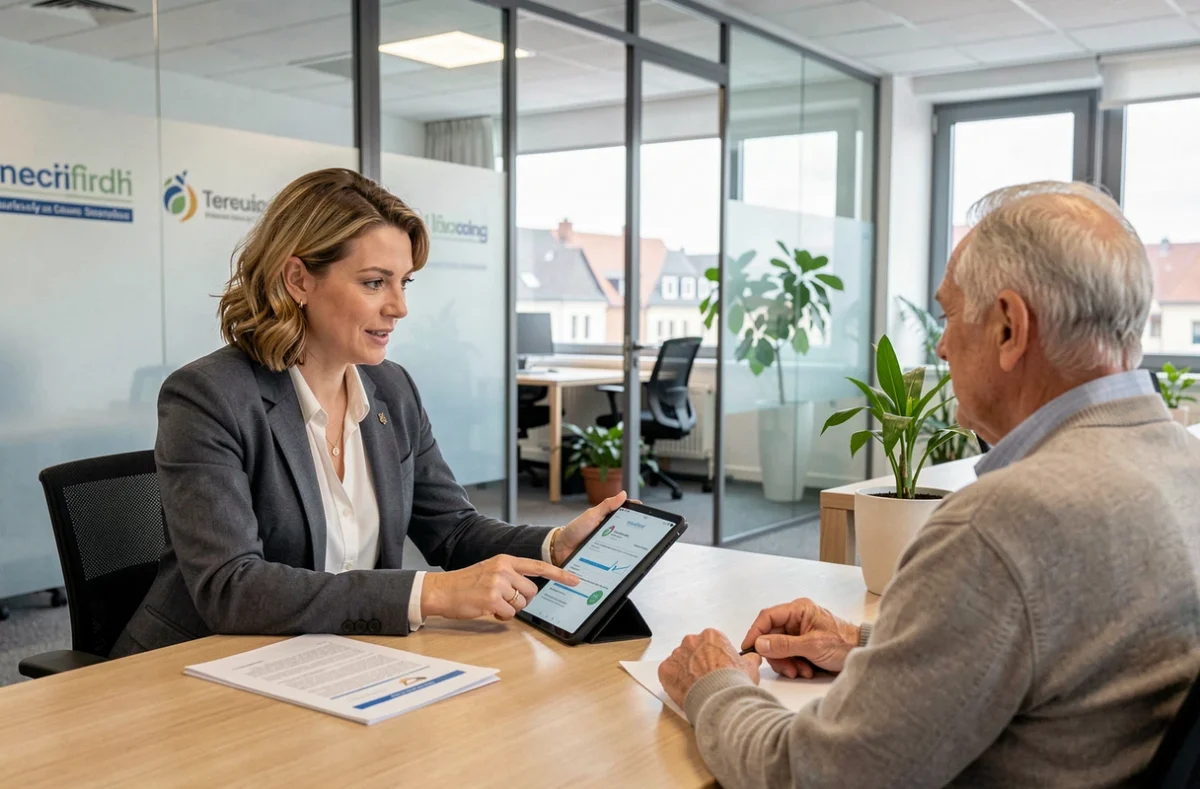 Coordinatrice d'une agence de services à la personne en réunion avec un client senior dans un bureau moderne à Strasbourg, Grand Est