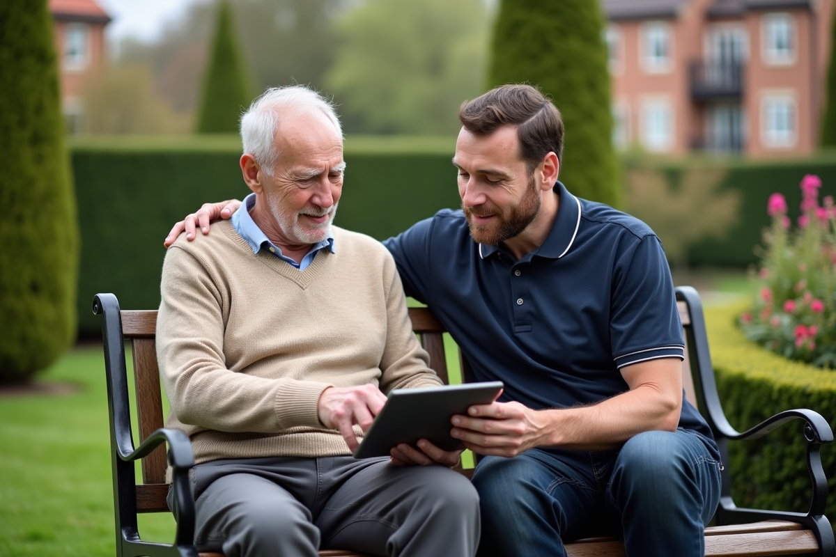 Aidant aidant un senior avec une tablette dans le jardin