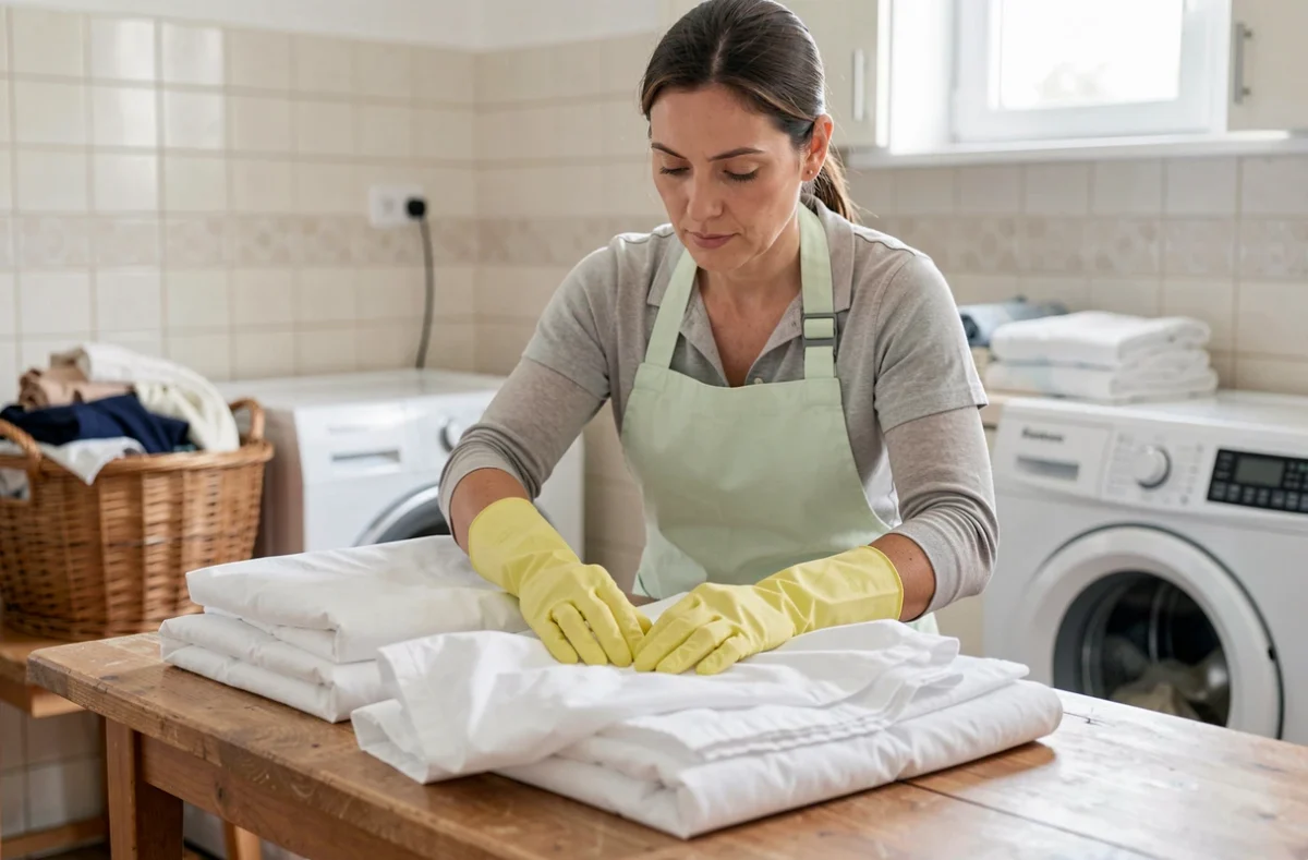 Aide à domicile pliant du linge propre dans une buanderie chez un particulier