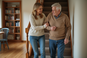 Femme aidant un homme âgé dans une maison chaleureuse