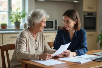 Une femme âgée et sa fille adulte examinent des documents financiers ensemble à une table en bois, illustrant la recherche d'aides pour financer une maison de retraite.