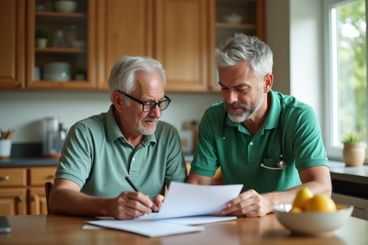 Jeune aide aidant un senior à revoir des documents à la cuisine