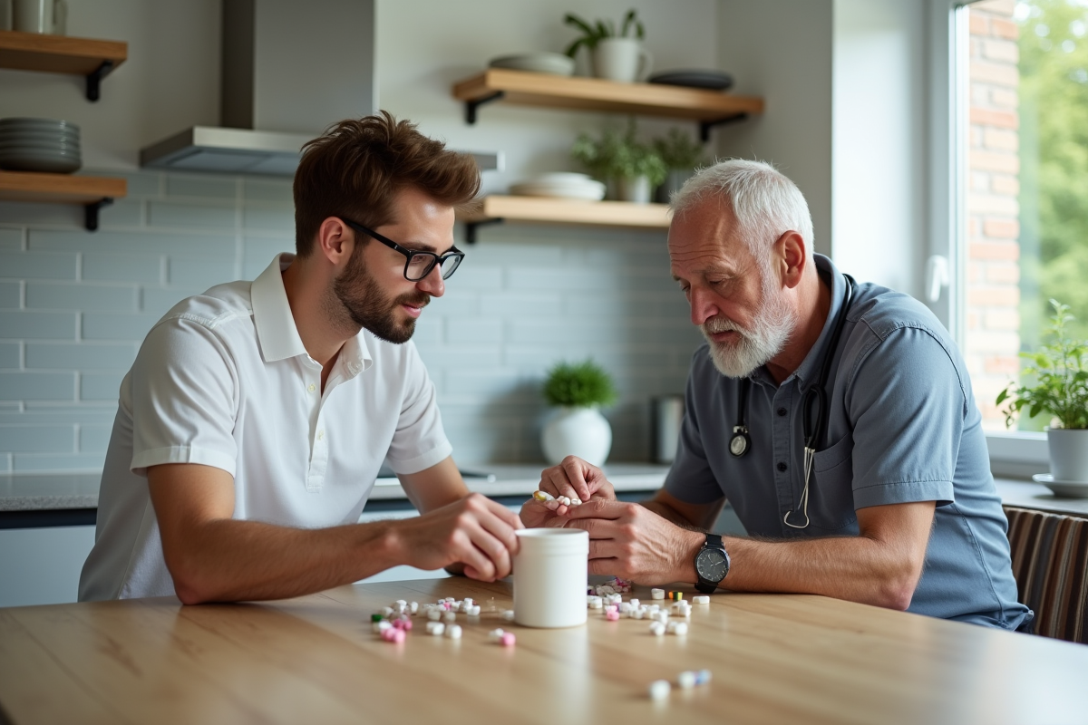 Aide à domicile organisant des médicaments dans la cuisine moderne