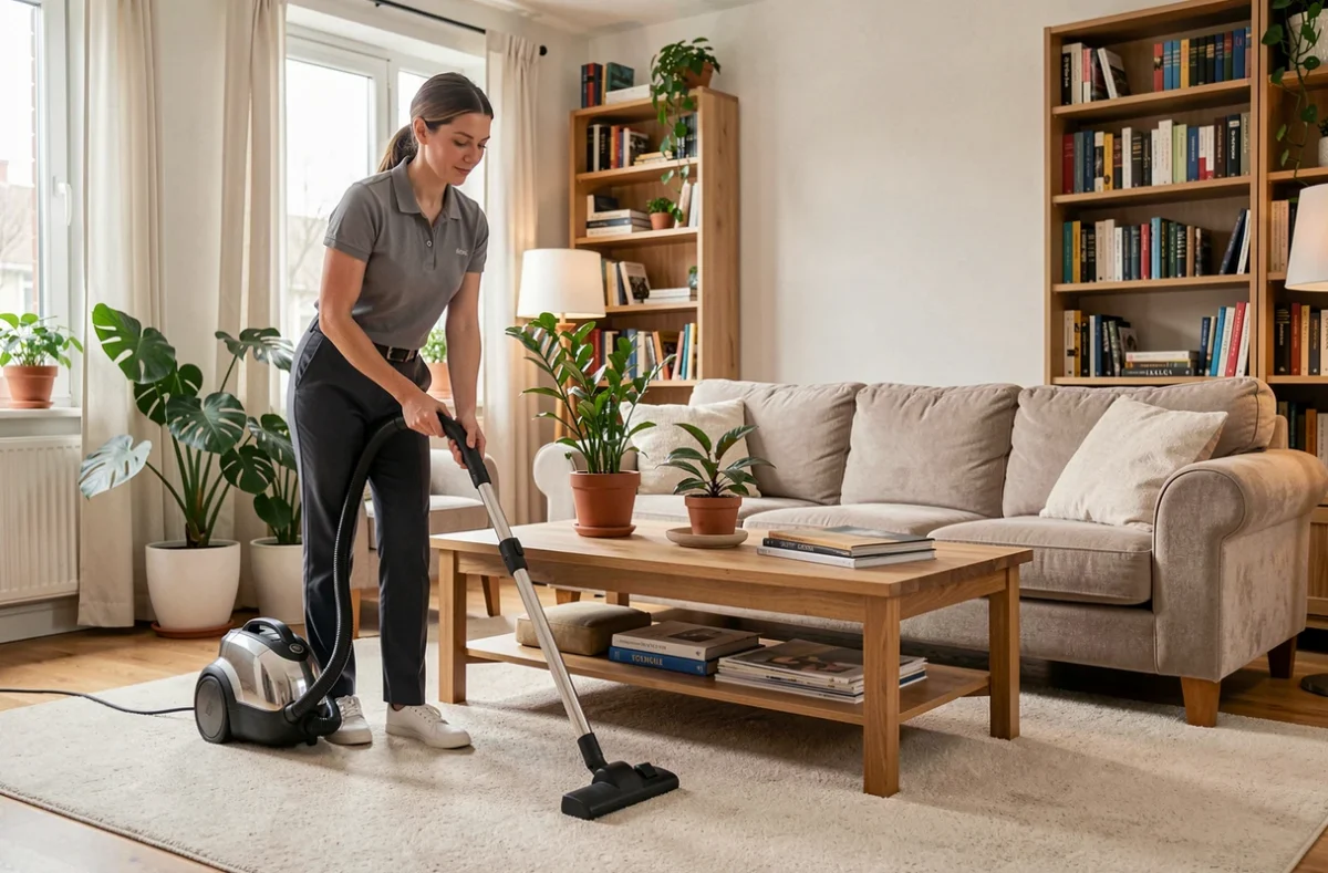 Aide ménagère passant l'aspirateur dans un salon bien décoré avec canapé et plantes d'intérieur