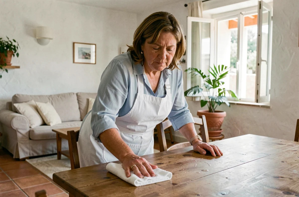 Aide ménagère professionnelle essuyant une table en bois dans un appartement méditerranéen à Perpignan