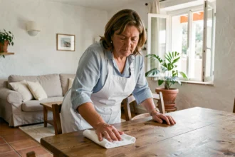 Aide ménagère professionnelle essuyant une table en bois dans un appartement méditerranéen à Perpignan