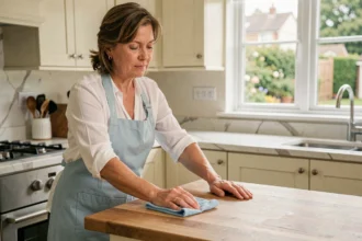 Aide ménagère à domicile en tablier bleu nettoyant le plan de travail d'une cuisine moderne