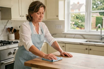 Aide ménagère à domicile en tablier bleu nettoyant le plan de travail d'une cuisine moderne