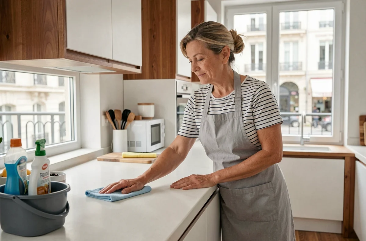 Aide ménagère à domicile effectuant le nettoyage de cuisine dans un appartement français