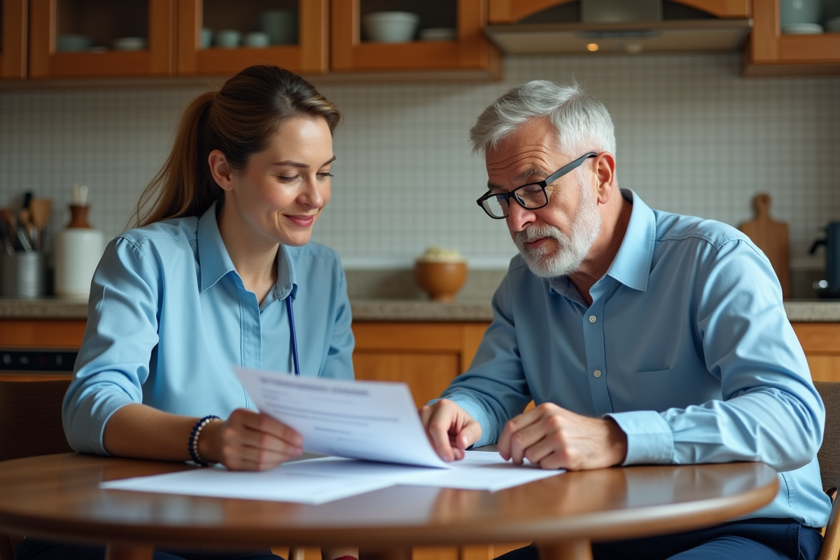 Assistante sociale expliquant des documents à un senior