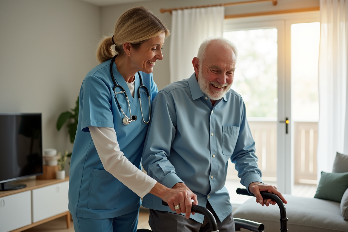 Aide à domicile aidant un senior en mobilité dans un salon lumineux