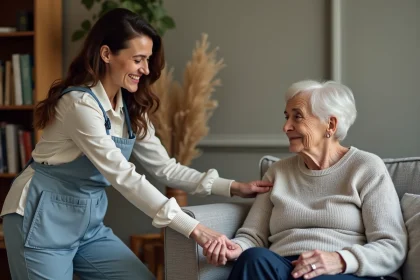 Aide-soignante aidant une personne &acirc;g&eacute;e &agrave; s'asseoir