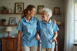 Aide-soignante aidant une personne âgée dans un appartement français