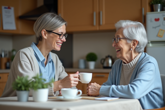 Femme aidante offrant une tasse de thé à une femme âgée dans la cuisine