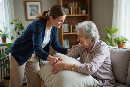 Aide-soignante aidant une personne âgée dans un salon chaleureux