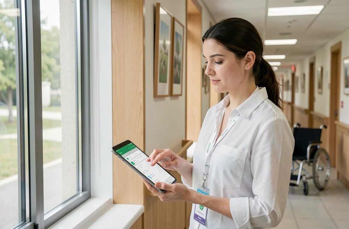 Aide-soignante consultant le logiciel NETSoins DomusVi sur tablette dans le couloir d'un établissement de soins