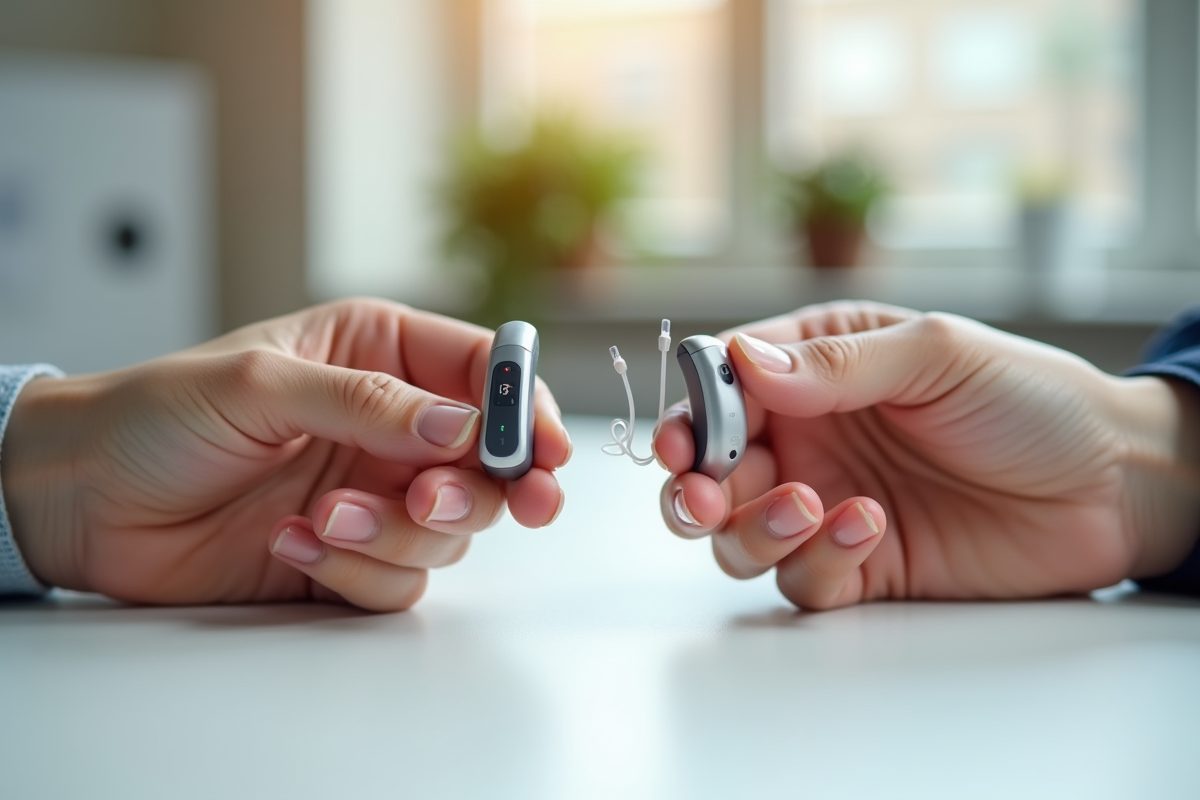 Deux aides auditives Audikabrand et Amplifon sur une table blanche