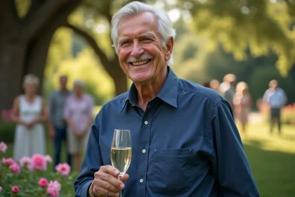 Portrait d'un homme de 70 ans souriant tenant une coupe de champagne dans un jardin fleuri pour son anniversaire
