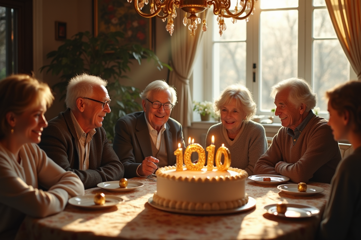 Famille célébrant un anniversaire de mariage dans une maison ancienne