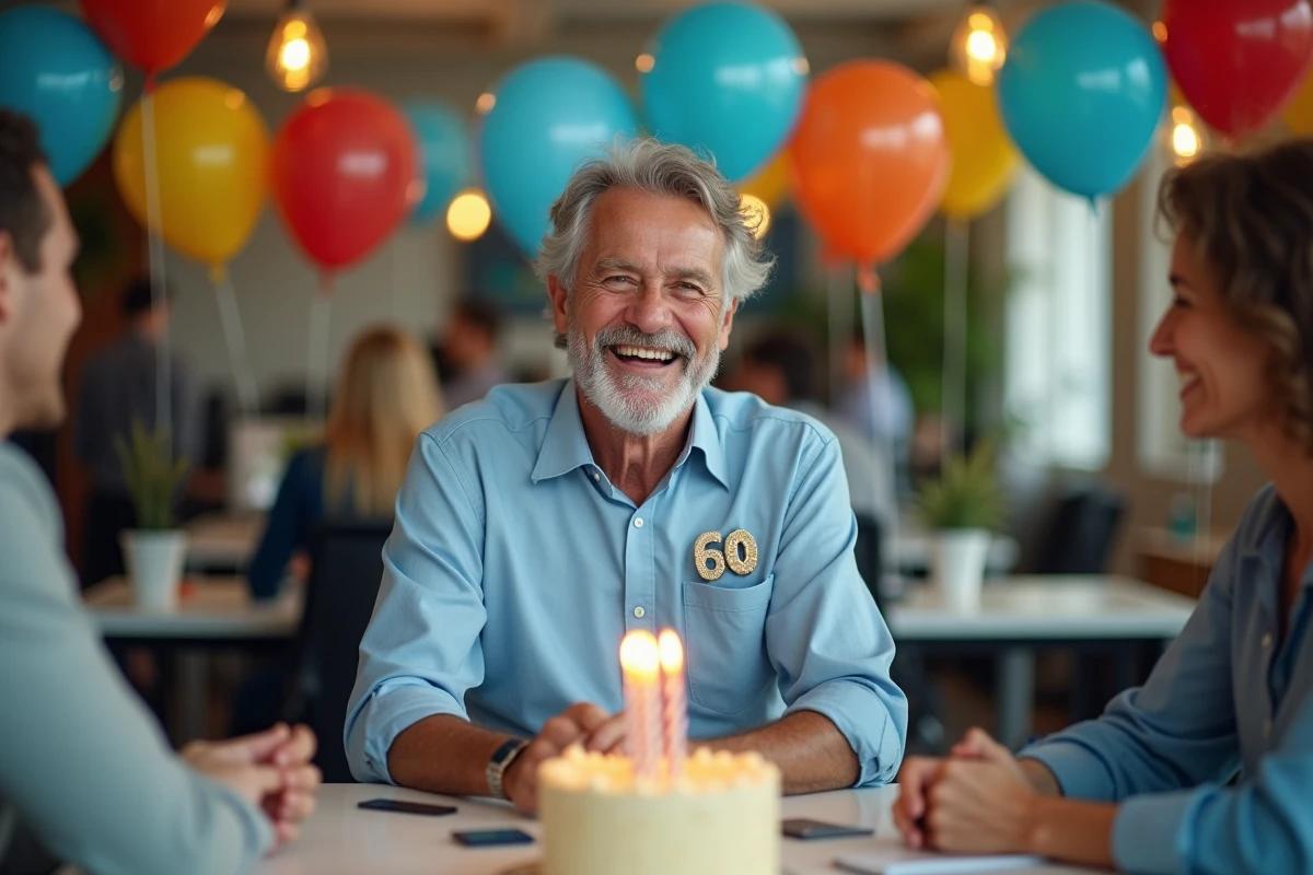 Collègue homme de 60 ans qui fête son anniversaire au bureau entouré de ses collègues avec ballons et gâteau