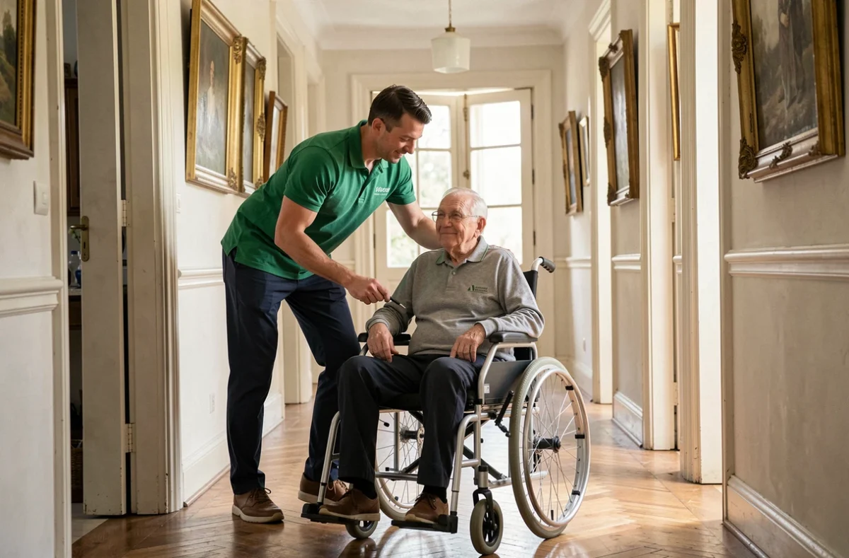Un intervenant d'AP Services Melun accompagne un homme en fauteuil roulant dans le couloir de son domicile.