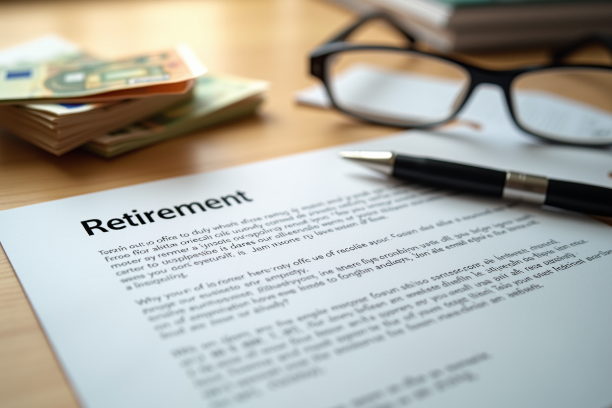 Argent en billets et pièces avec lettre de retraite sur un bureau en bois
