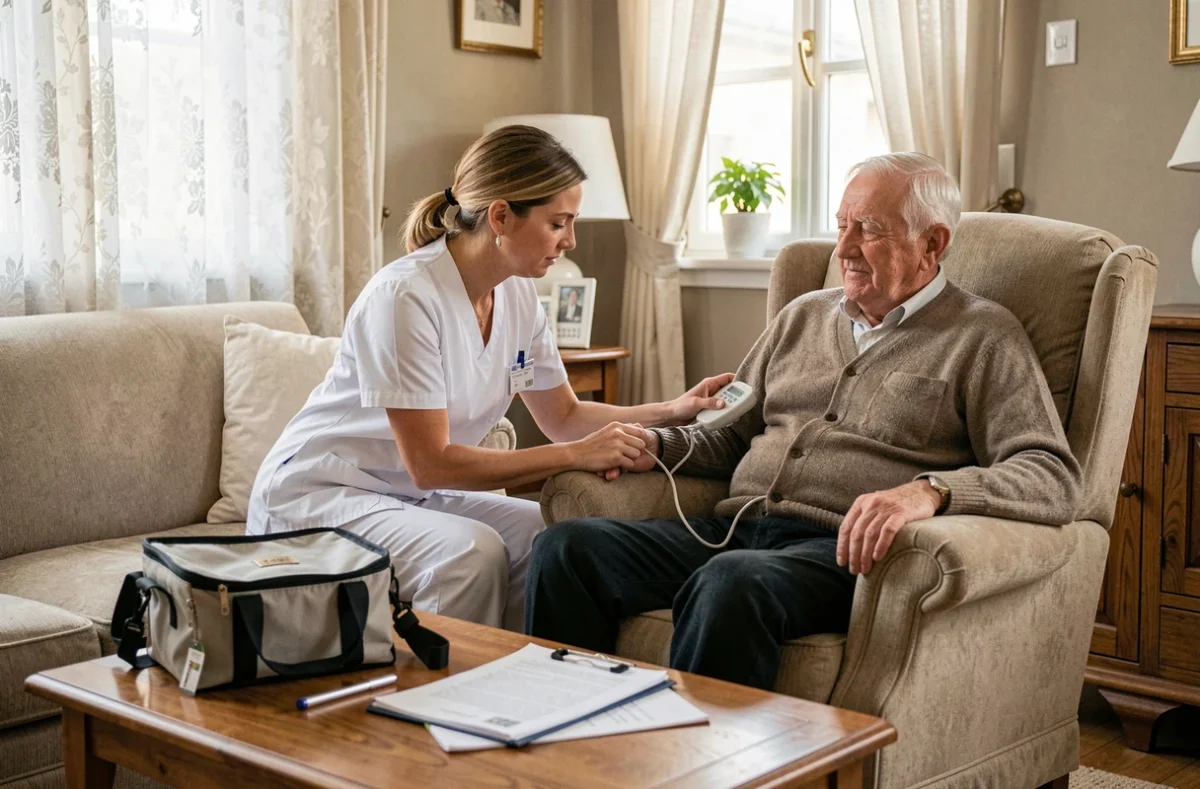 Une infirmière de l'Association de Soins et Services à Domicile de la Région Melunaise effectue un bilan de santé à domicile.