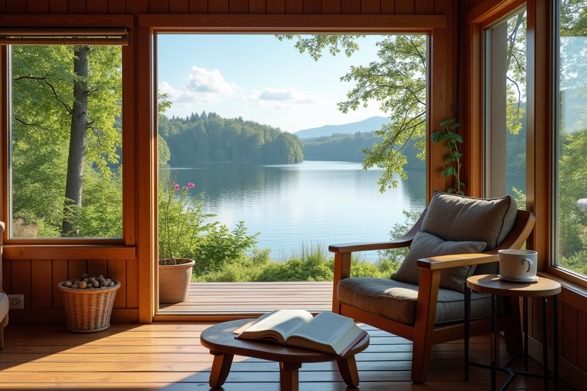 Cabane au bord du lac avec fauteuil et livre pour la retraite