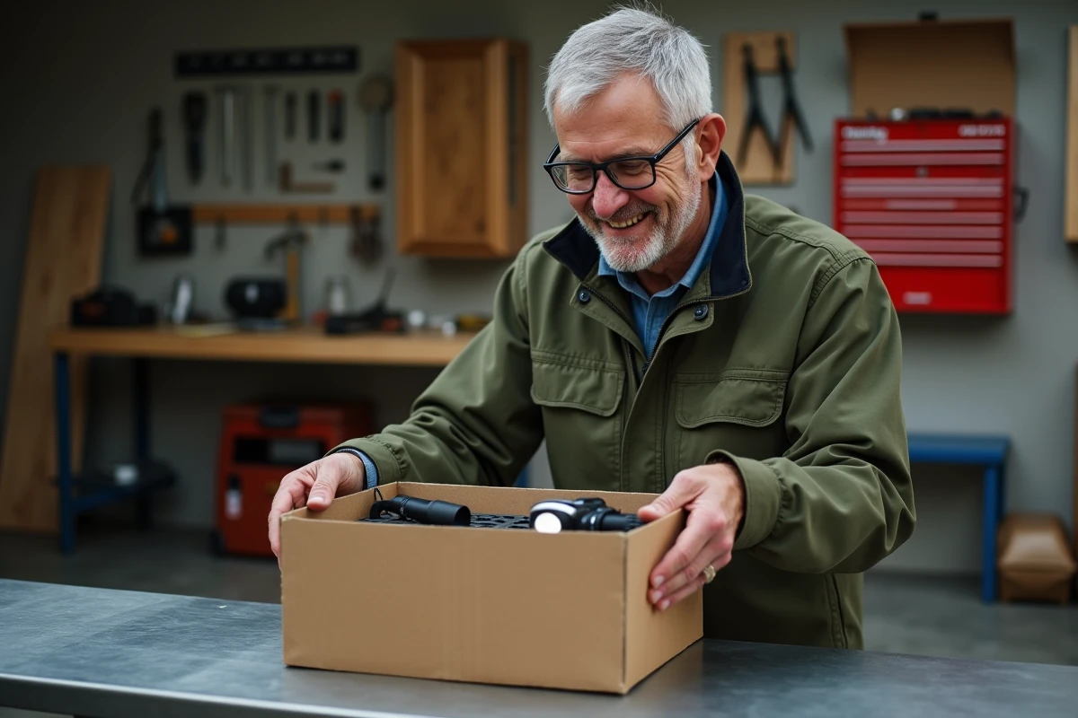 Homme de 60 ans découvrant des accessoires malins pour son atelier dans un garage aménagé