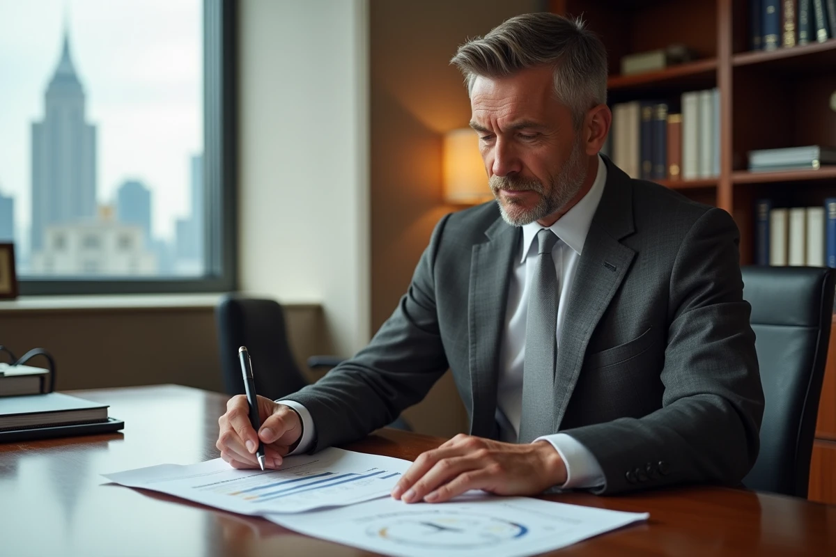 Cadre supérieur en costume gris anthracite analysant des documents de retraite dans un bureau exécutif moderne avec vue sur la ville