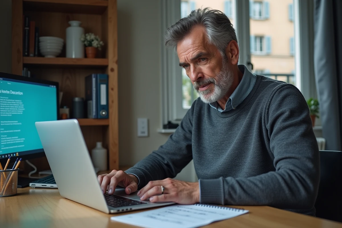 Un homme en milieu de carrière calcule ses trimestres assimilés pour la retraite sur un ordinateur portable à son bureau