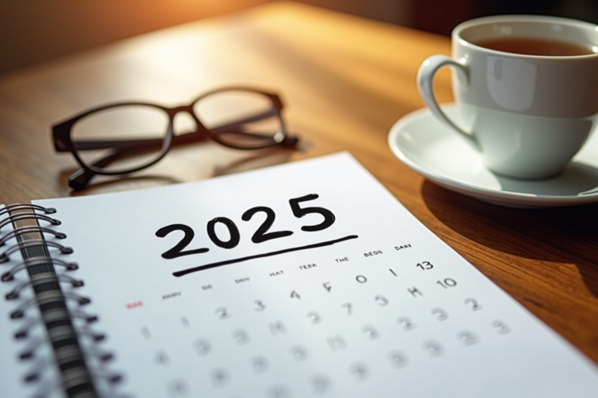 Calendrier avec date importante 2025 et lunettes sur bureau en bois