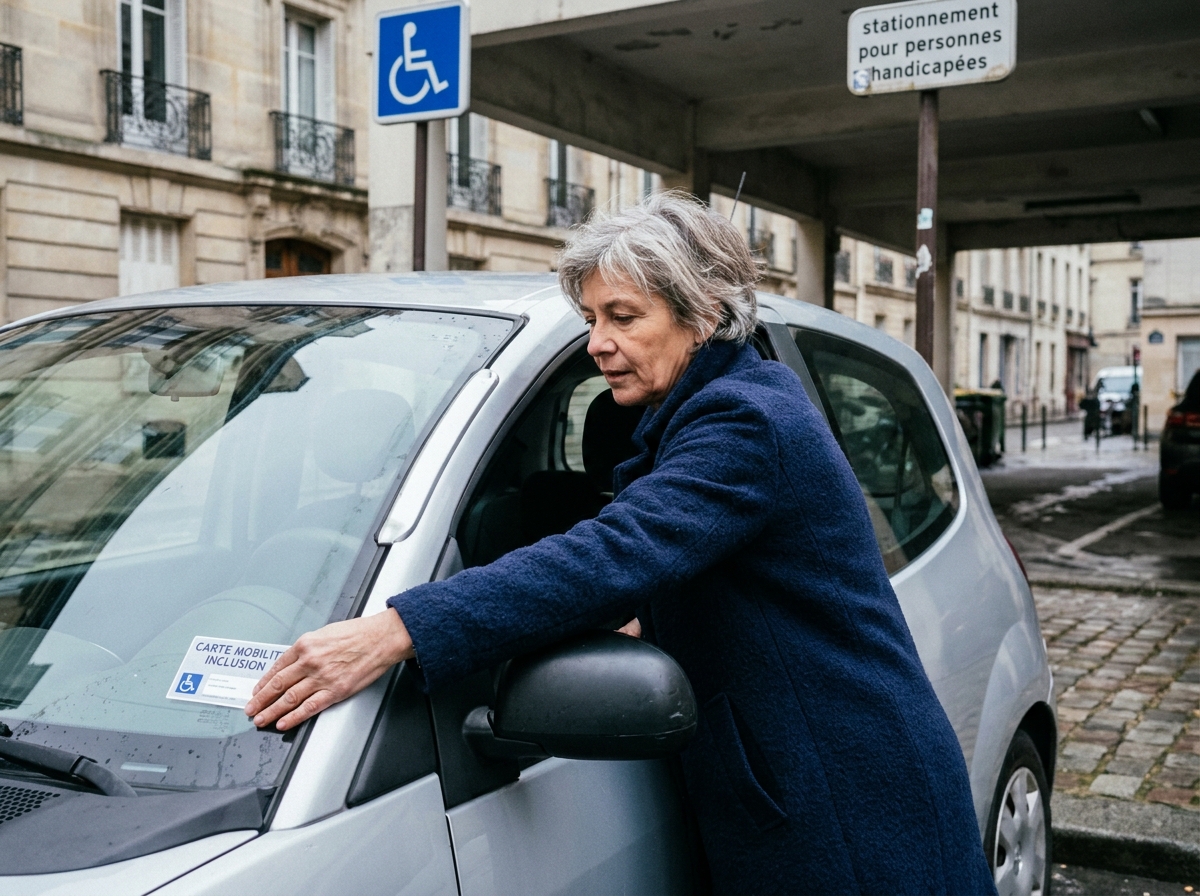 Femme plaçant une carte mobilité inclusion sur le tableau de bord d'une voiture garée sur une place handicapée en ville