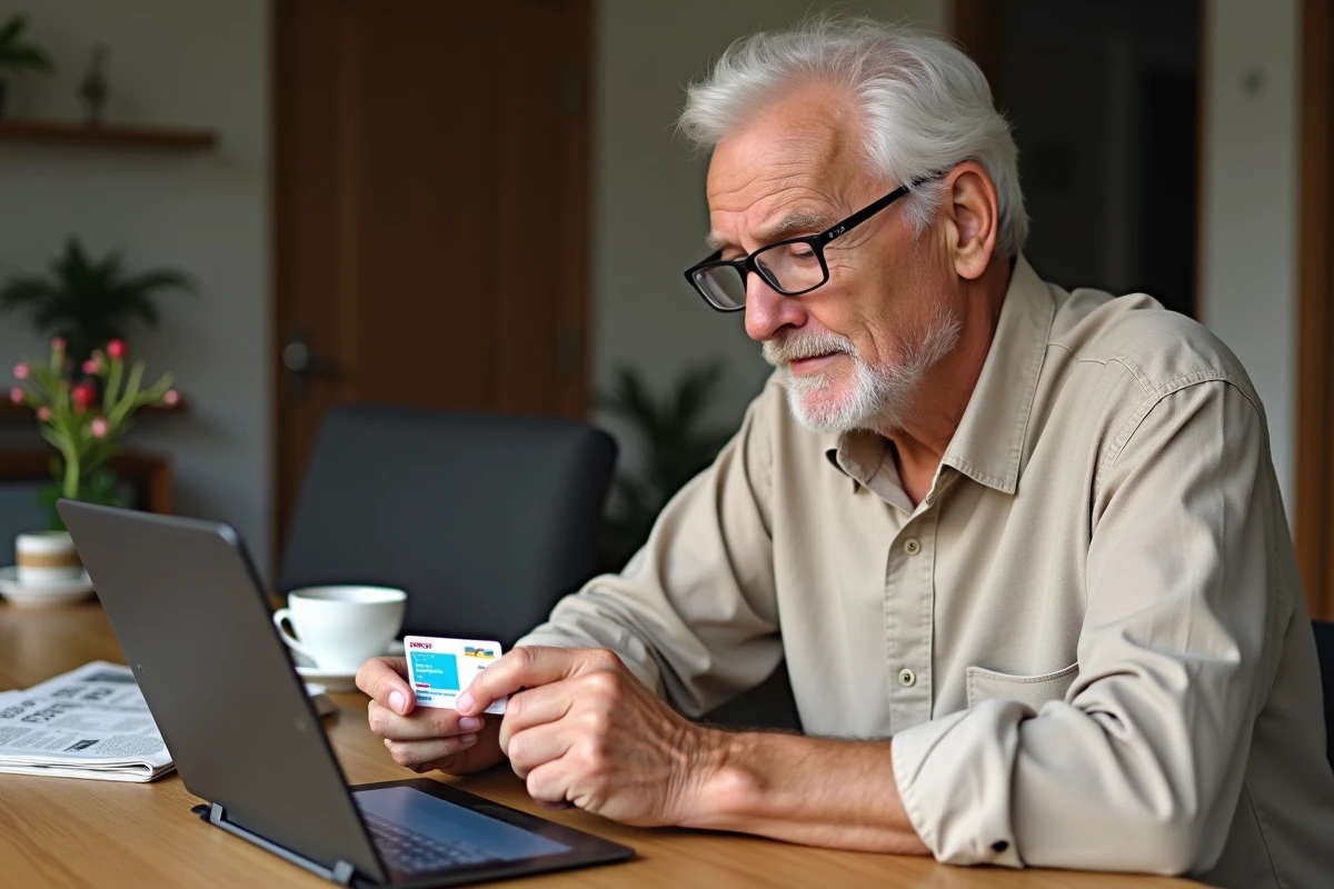 Homme senior comparant carte SNCF physique et application numérique sur tablette à domicile