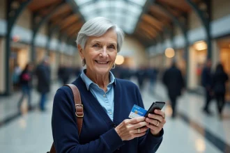Femme senior tenant une carte SNCF physique et un smartphone avec carte dématérialisée dans une gare française