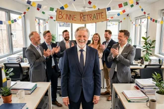 Collègues de bureau célébrant le départ à la retraite d'un homme souriant entouré de banderoles et de confettis