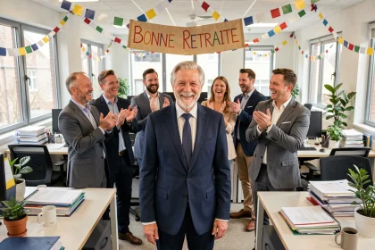 Collègues de bureau célébrant le départ à la retraite d'un homme souriant entouré de banderoles et de confettis