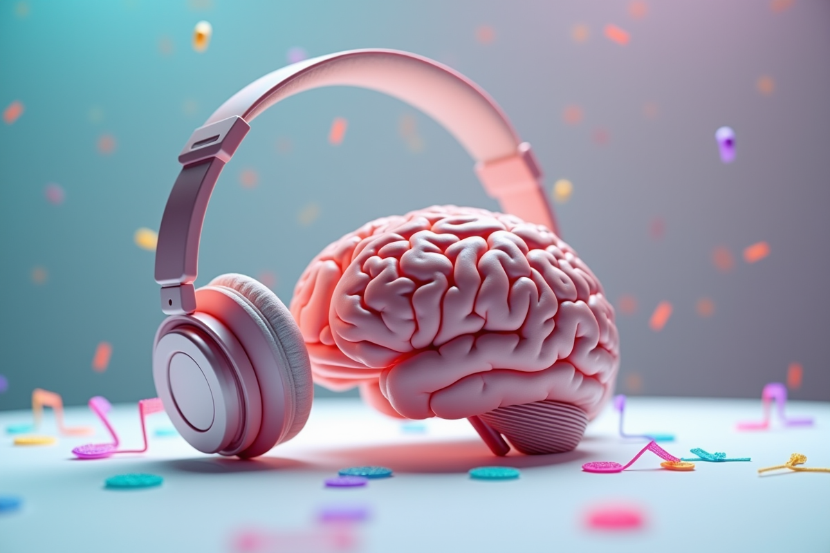 Modèle de cerveau avec notes de musique et casque