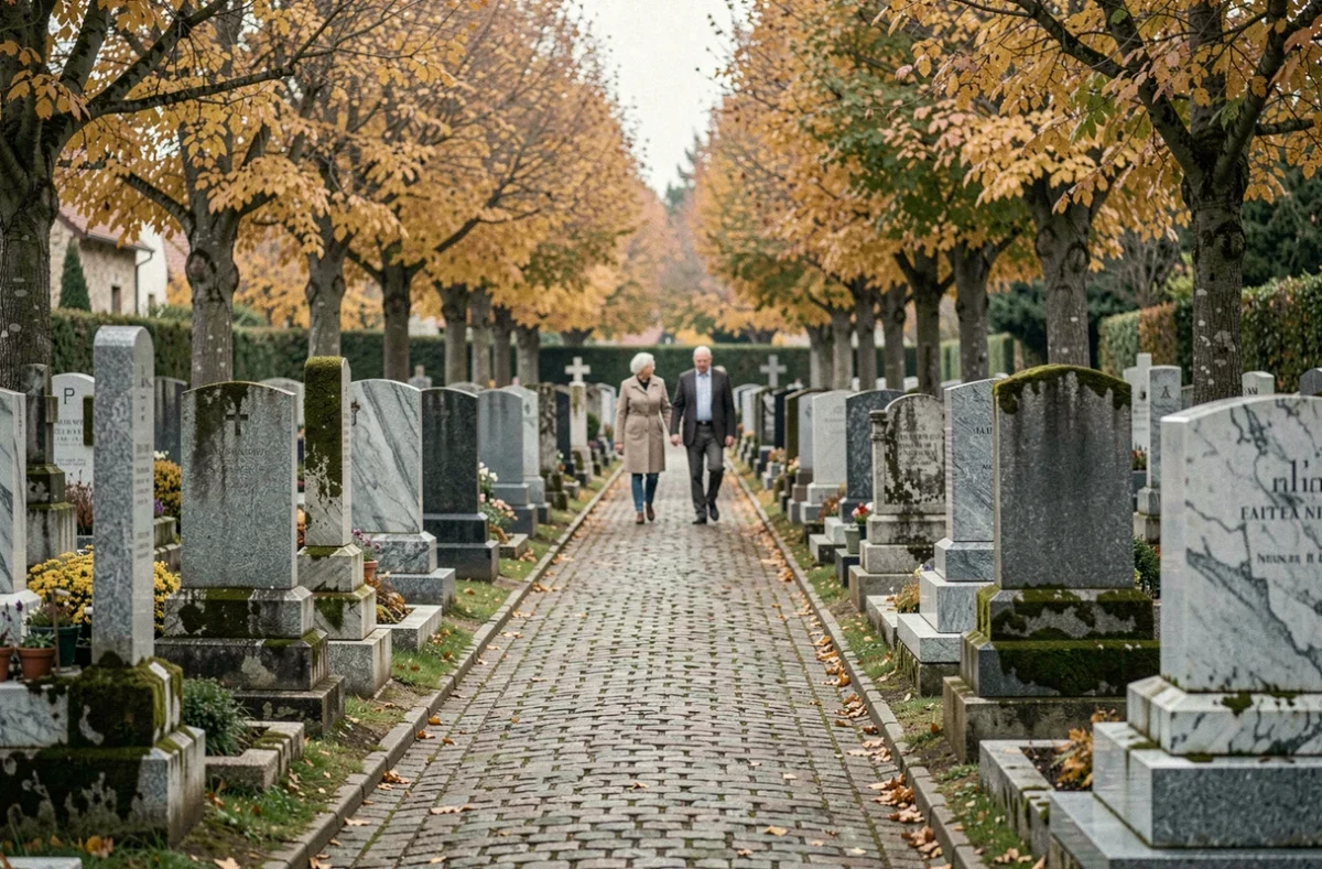 Cimetière français en Auvergne-Rhône-Alpes en automne avec des pierres tombales en marbre et granit, allée pavée et couple âgé au loin