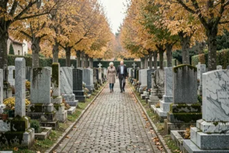 Cimetière français en Auvergne-Rhône-Alpes en automne avec des pierres tombales en marbre et granit, allée pavée et couple âgé au loin