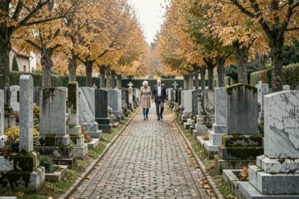 Cimetière français en Auvergne-Rhône-Alpes en automne avec des pierres tombales en marbre et granit, allée pavée et couple âgé au loin
