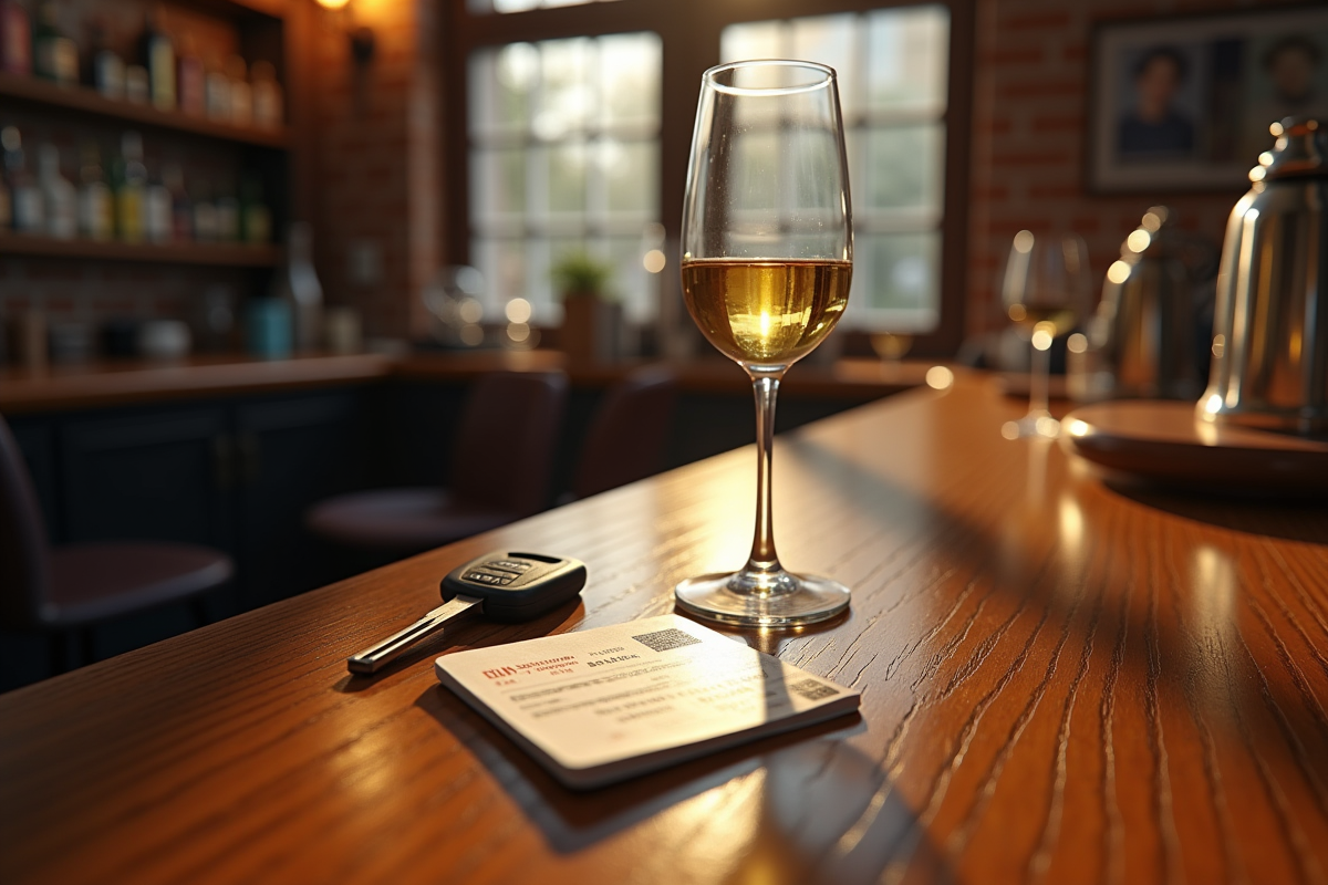 Clés de voiture un verre de vin et un permis de conduire sur un comptoir en bois