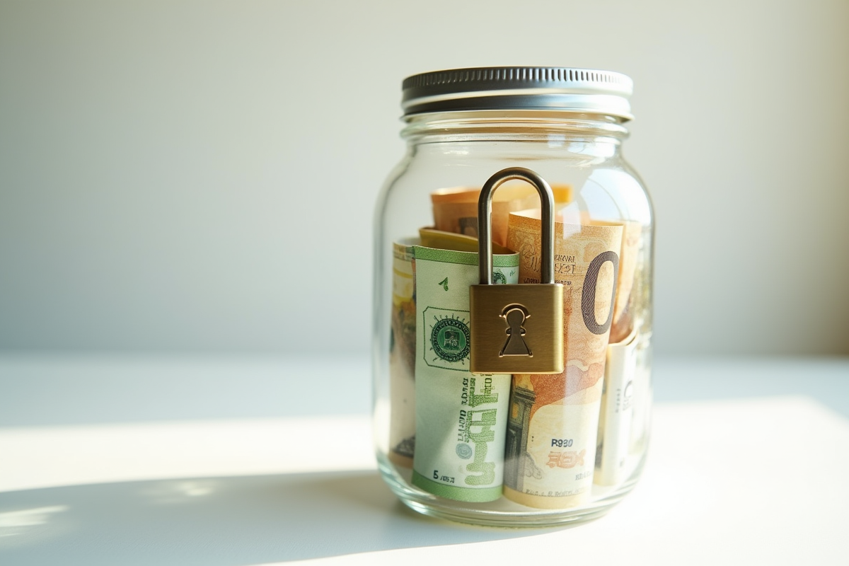 Coffre-fort rempli de billets euros et dollars avec un cadenas doré