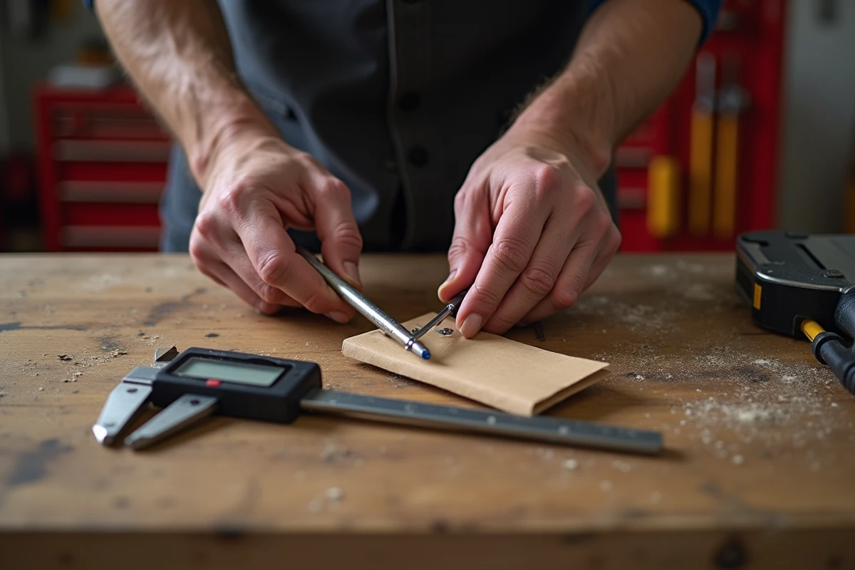 Coffret d'outils de qualité pour bricoleur senior posé sur un établi en bois avec des mains expérimentées