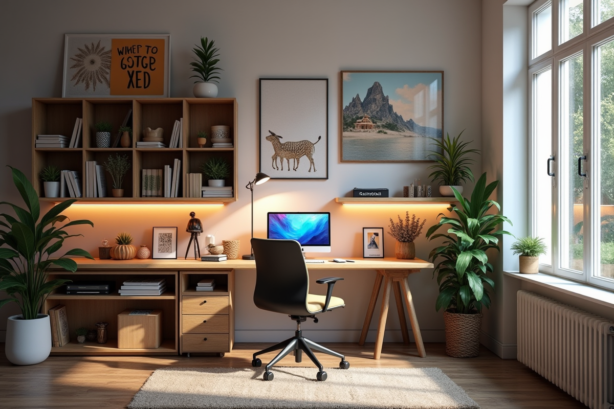 Coin de studio moderne avec bureau minimaliste et fournitures