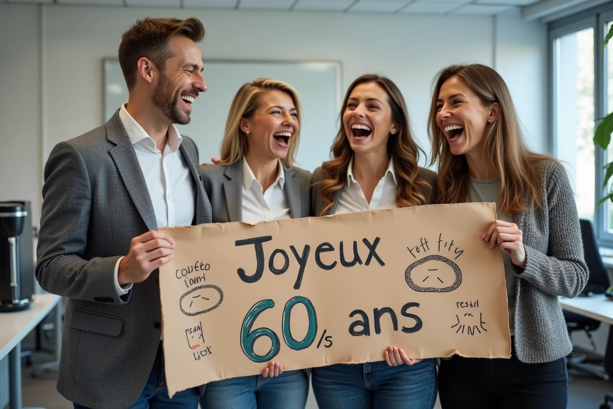 Groupe de collègues tenant une banderole humoristique pour les 60 ans d'un collègue dans une salle de pause de bureau