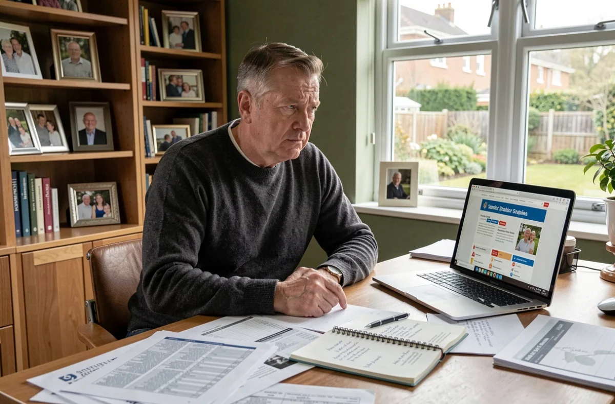 Un homme d'âge mûr compare les coûts et les avis d'EHPAD sur son ordinateur portable depuis son bureau à domicile